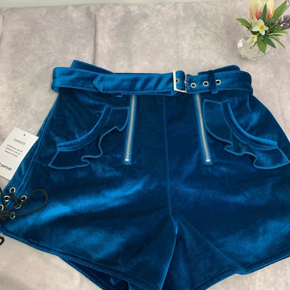 NWT SELF-PORTRAIT Velvet Peacock Blue Double Zip Shorts size 2 - Picture 2 of 15